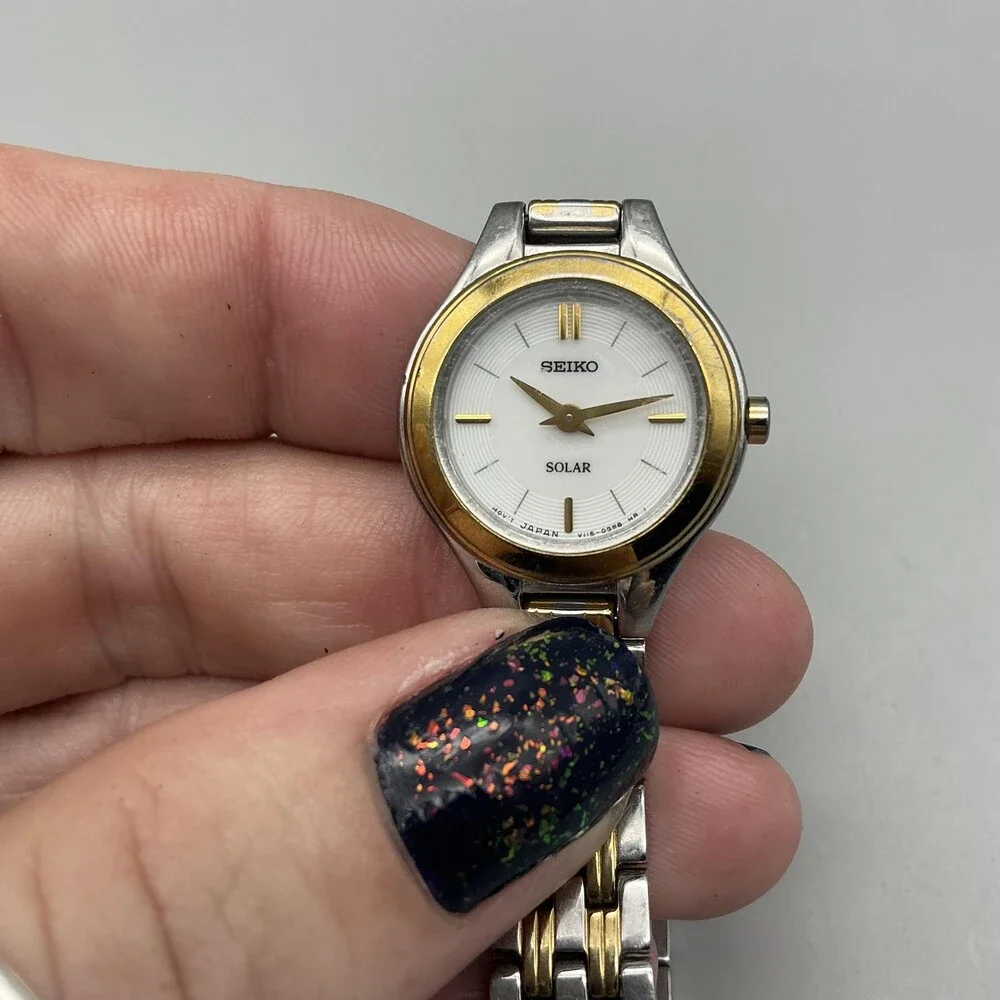Seiko Solar Womens Watch 22mm Two Tone V115-0AX0 White Dial Stainless 7